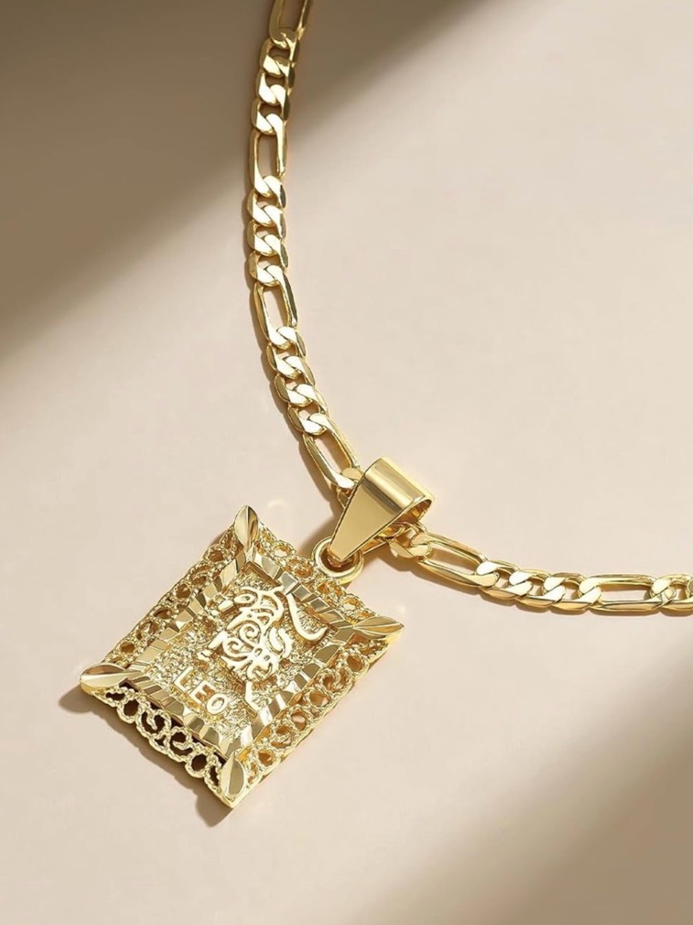 14K Gold plated Leo Zodiac Pendant Figaro Chain Necklace
